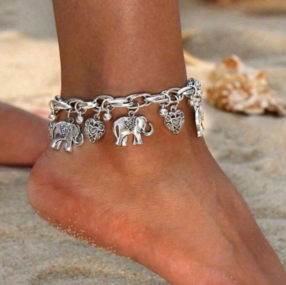 Jewelry - Silver Plated elephant Charm Ankle Bracelet Stainless Steel Womens Jewelry